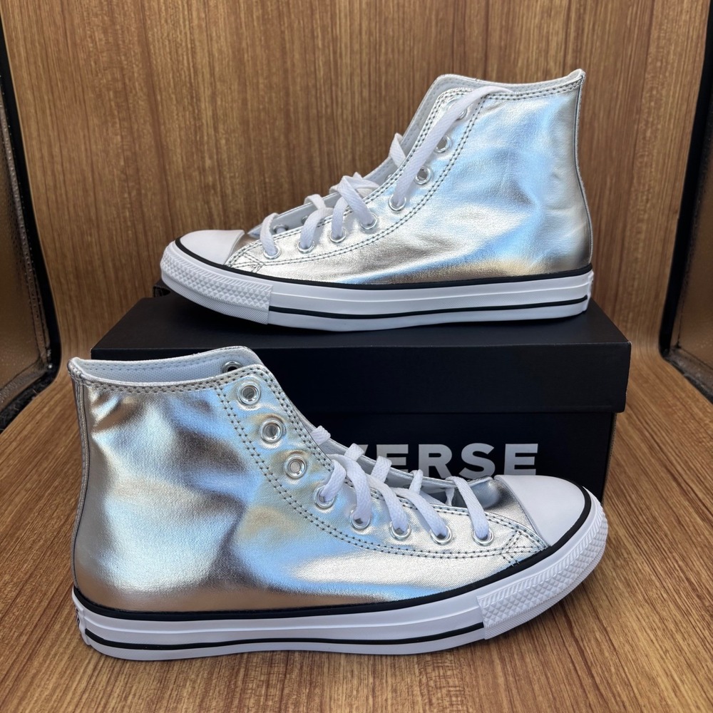 Converse Chuck Taylor All Star High Top Womens 9.5 Mens 7.5 Silver Metallic NEW - Picture 2 of 7